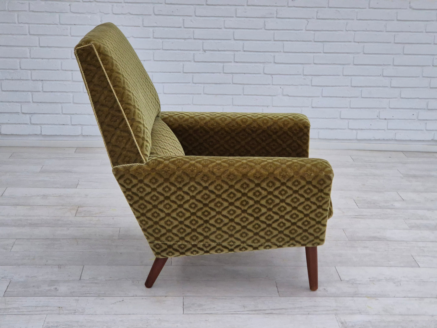 1970s, Danish highback armchair by Georg Thams, original upholstery, green velour, teak wood.