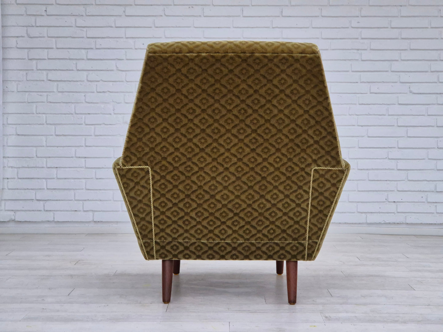 1970s, Danish highback armchair by Georg Thams, original upholstery, green velour, teak wood.