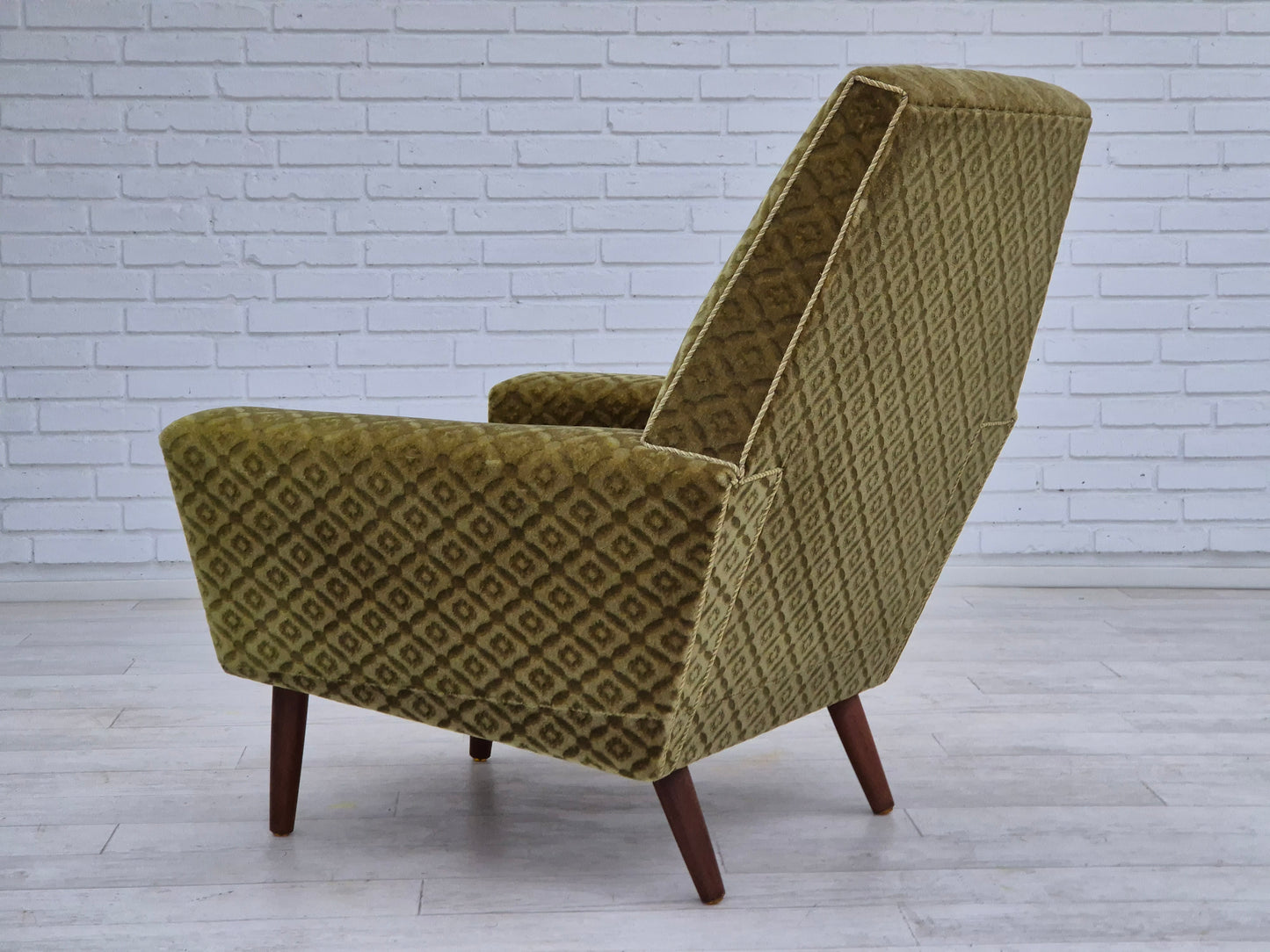 1970s, Danish highback armchair by Georg Thams, original upholstery, green velour, teak wood.