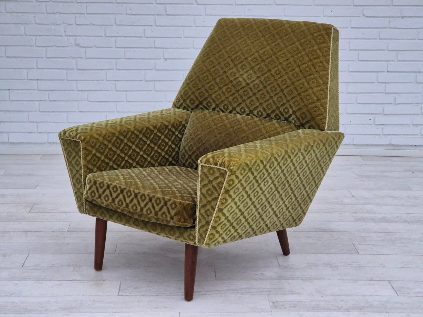 1970s, Danish highback armchair by Georg Thams, original upholstery, green velour, teak wood.