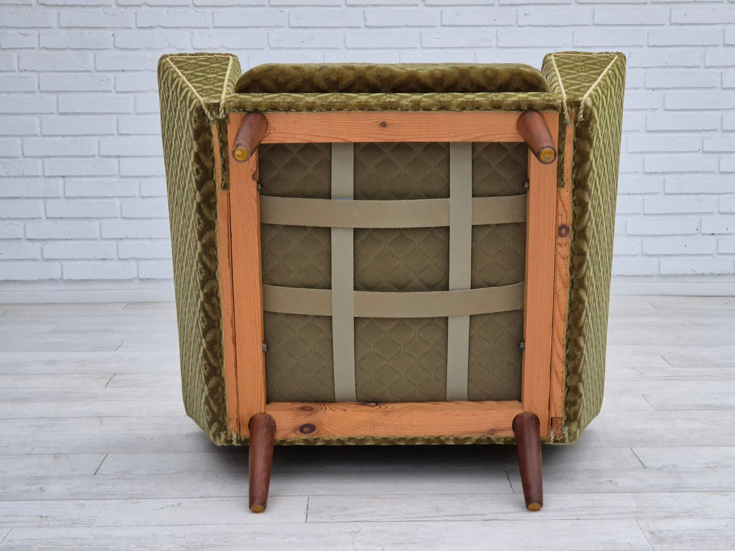 1970s, Danish highback armchair by Georg Thams, original upholstery, green velour, teak wood.