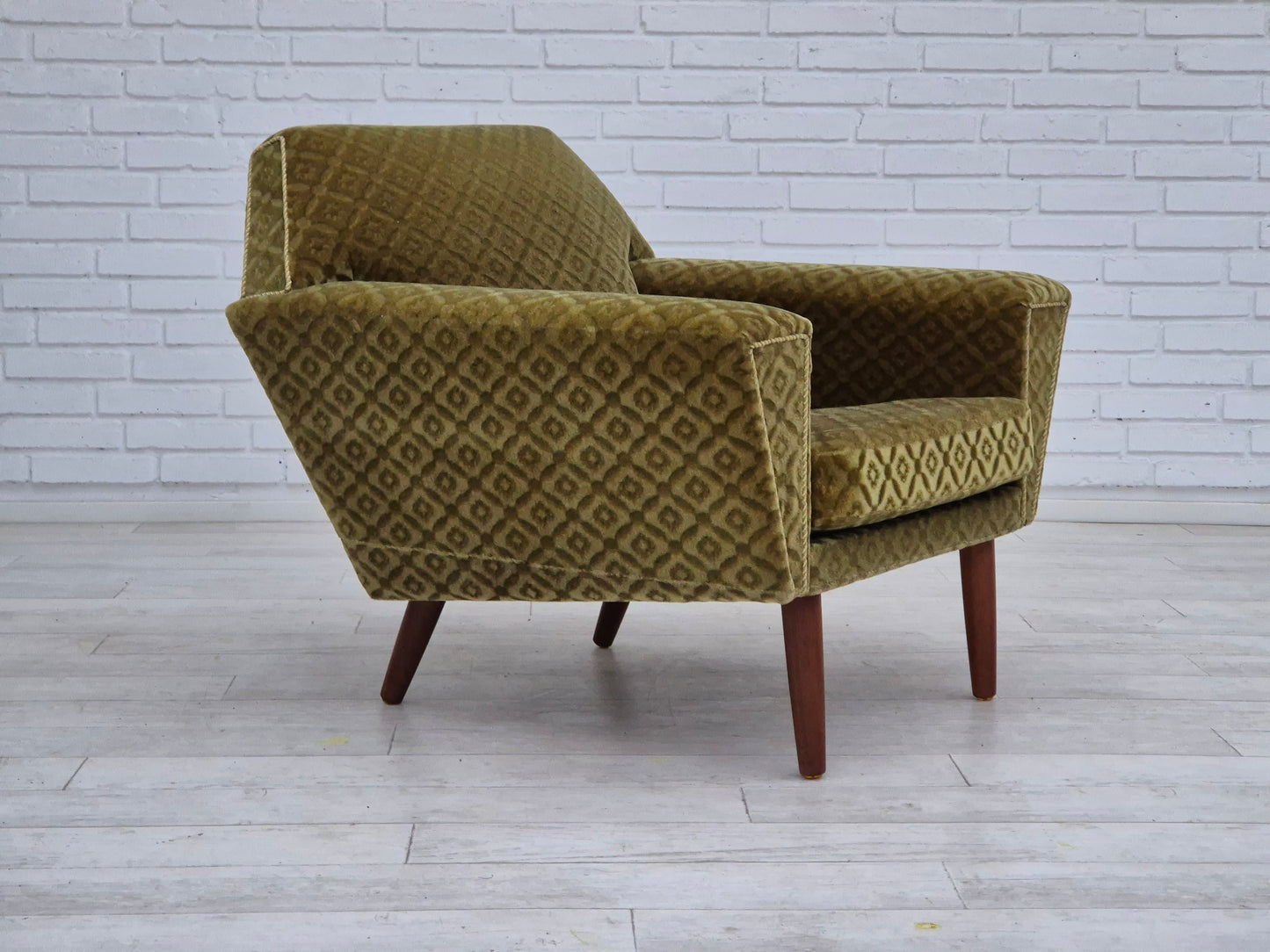 1970s, Danish armchair by Georg Thams, original upholstery, green velour, teak wood.