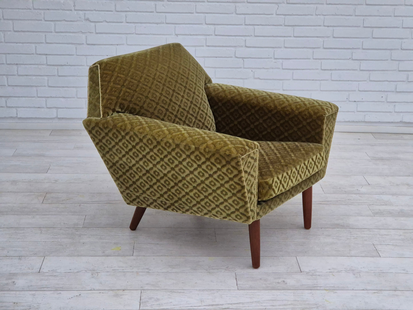 1970s, Danish armchair by Georg Thams, original upholstery, green velour, teak wood.