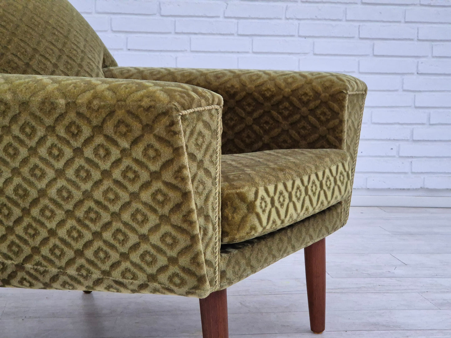 1970s, Danish armchair by Georg Thams, original upholstery, green velour, teak wood.