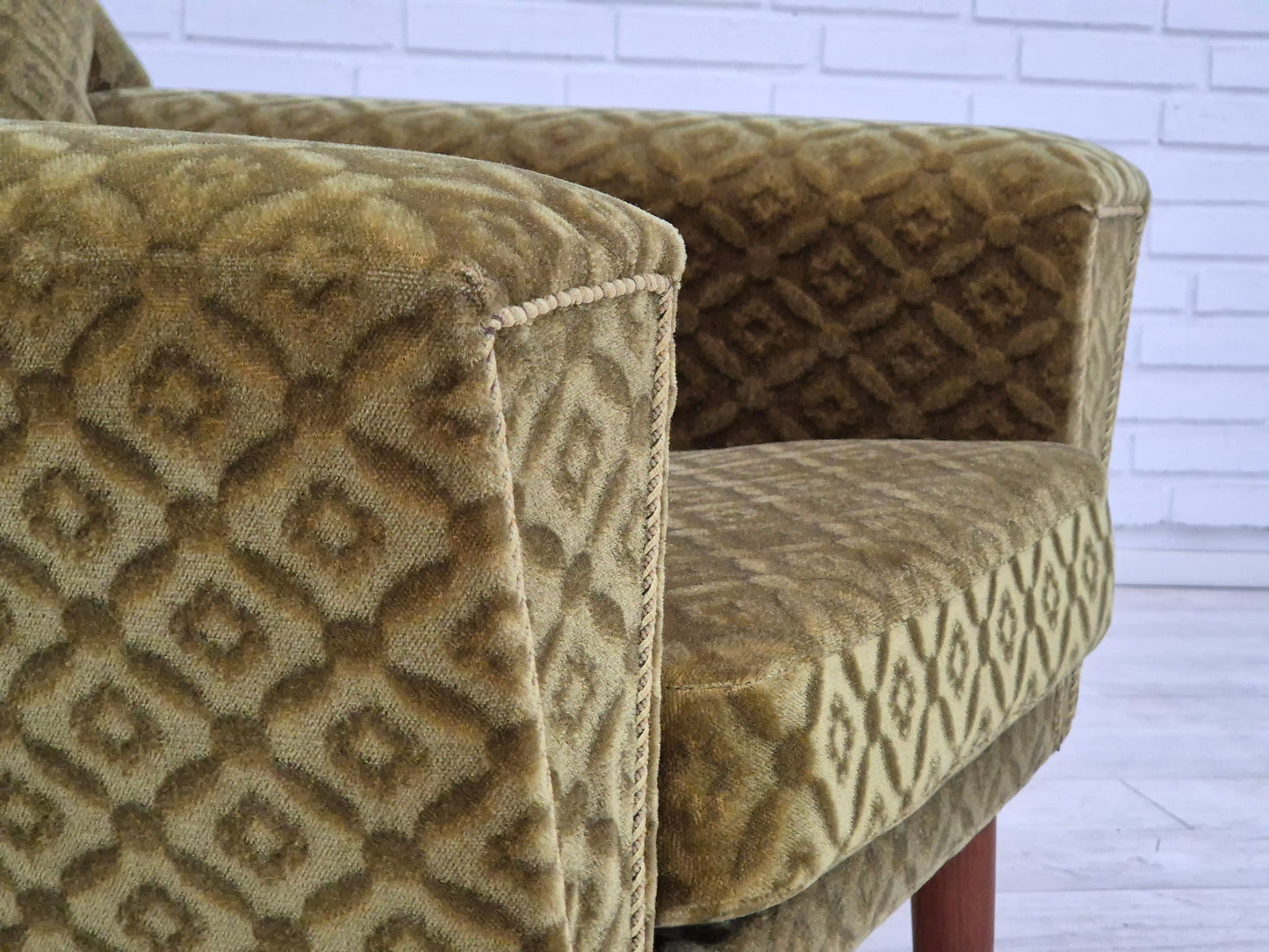 1970s, Danish armchair by Georg Thams, original upholstery, green velour, teak wood.