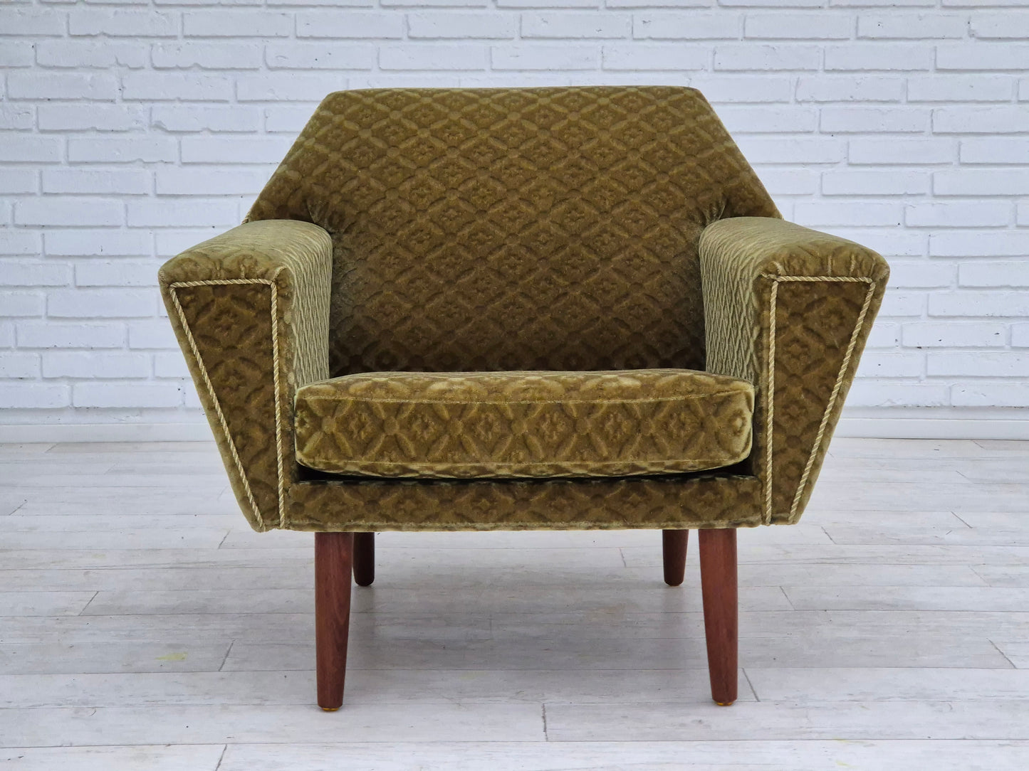 1970s, Danish armchair by Georg Thams, original upholstery, green velour, teak wood.