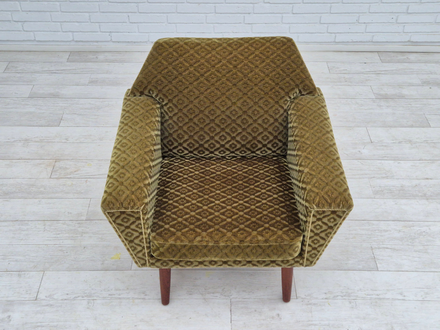 1970s, Danish armchair by Georg Thams, original upholstery, green velour, teak wood.