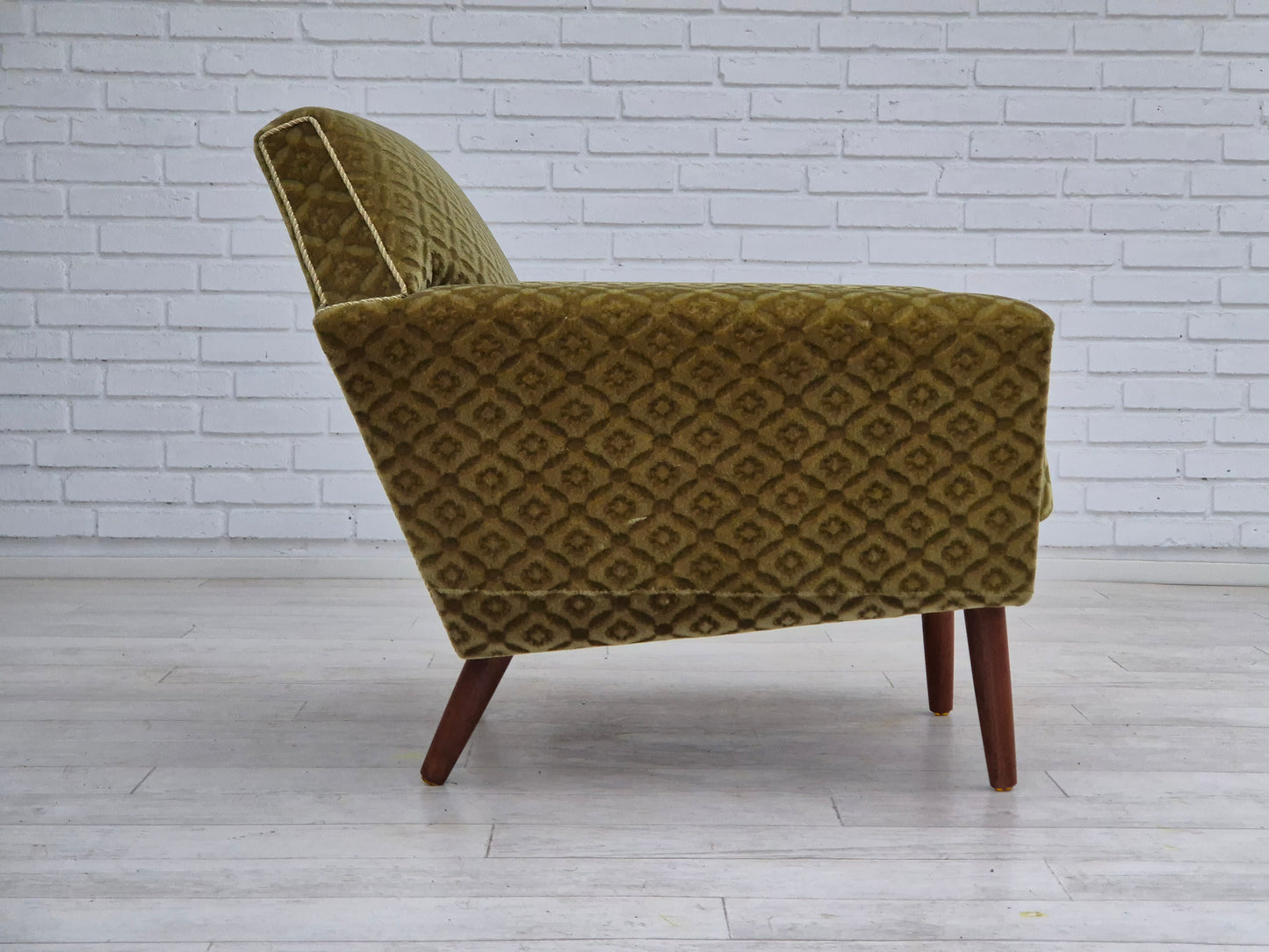 1970s, Danish armchair by Georg Thams, original upholstery, green velour, teak wood.