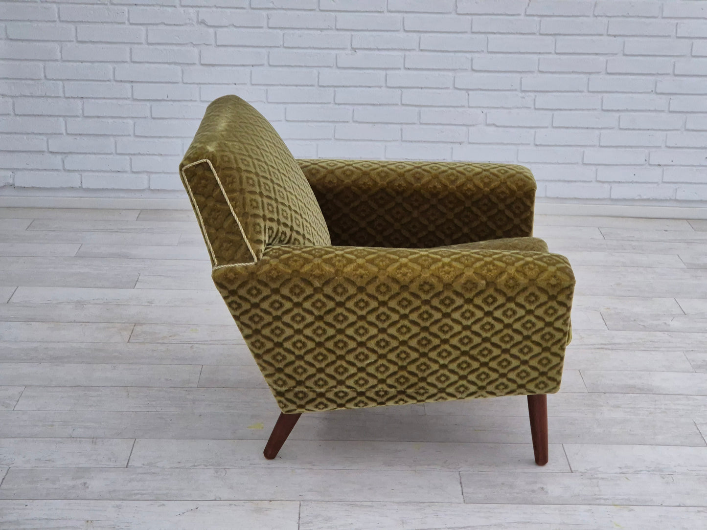 1970s, Danish armchair by Georg Thams, original upholstery, green velour, teak wood.