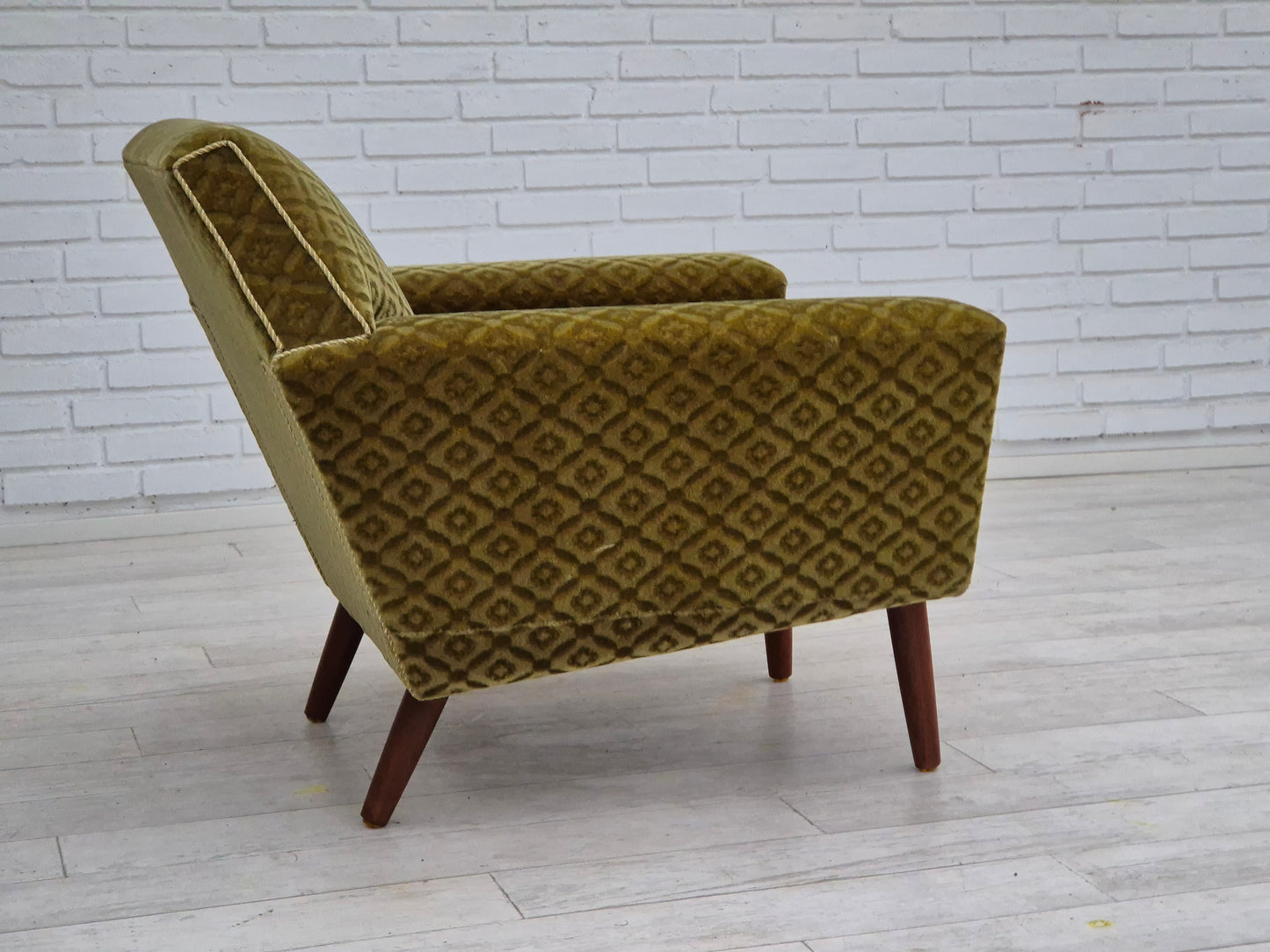 1970s, Danish armchair by Georg Thams, original upholstery, green velour, teak wood.