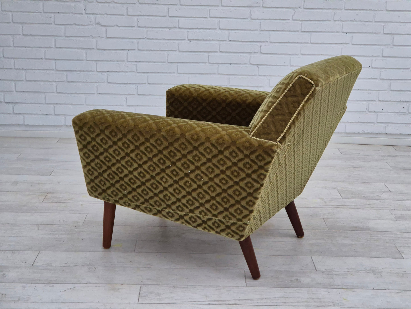 1970s, Danish armchair by Georg Thams, original upholstery, green velour, teak wood.