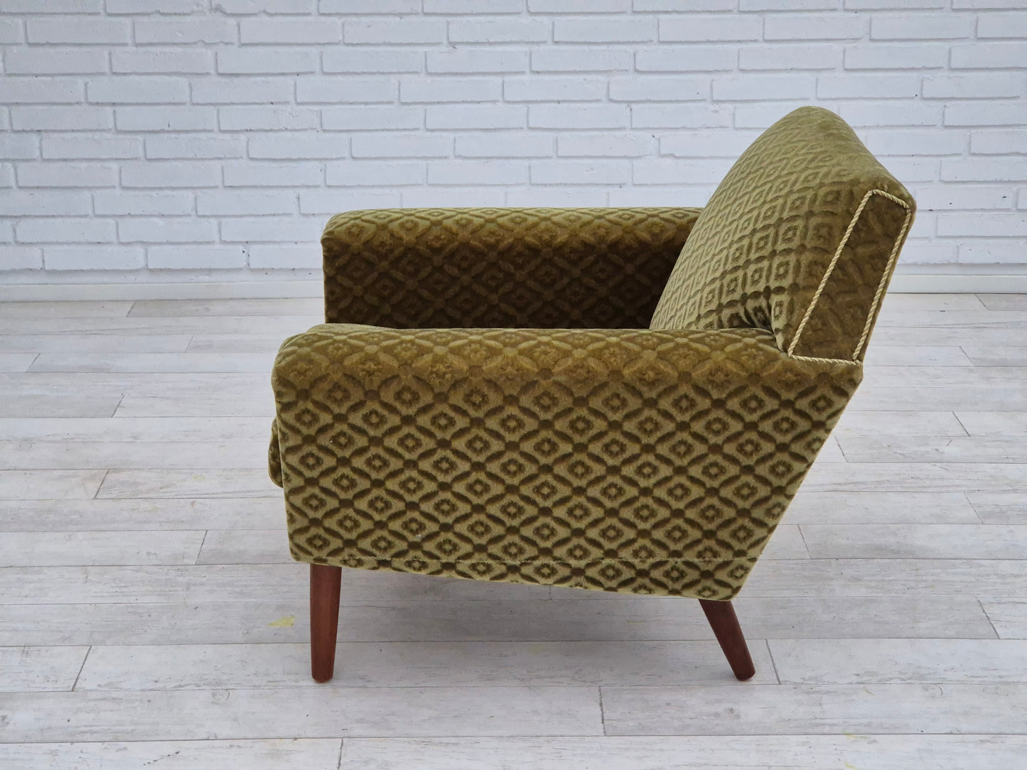 1970s, Danish armchair by Georg Thams, original upholstery, green velour, teak wood.