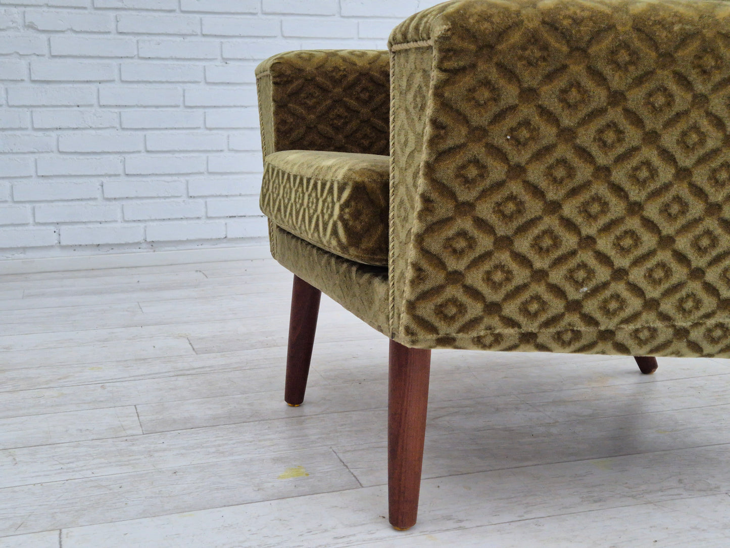 1970s, Danish armchair by Georg Thams, original upholstery, green velour, teak wood.