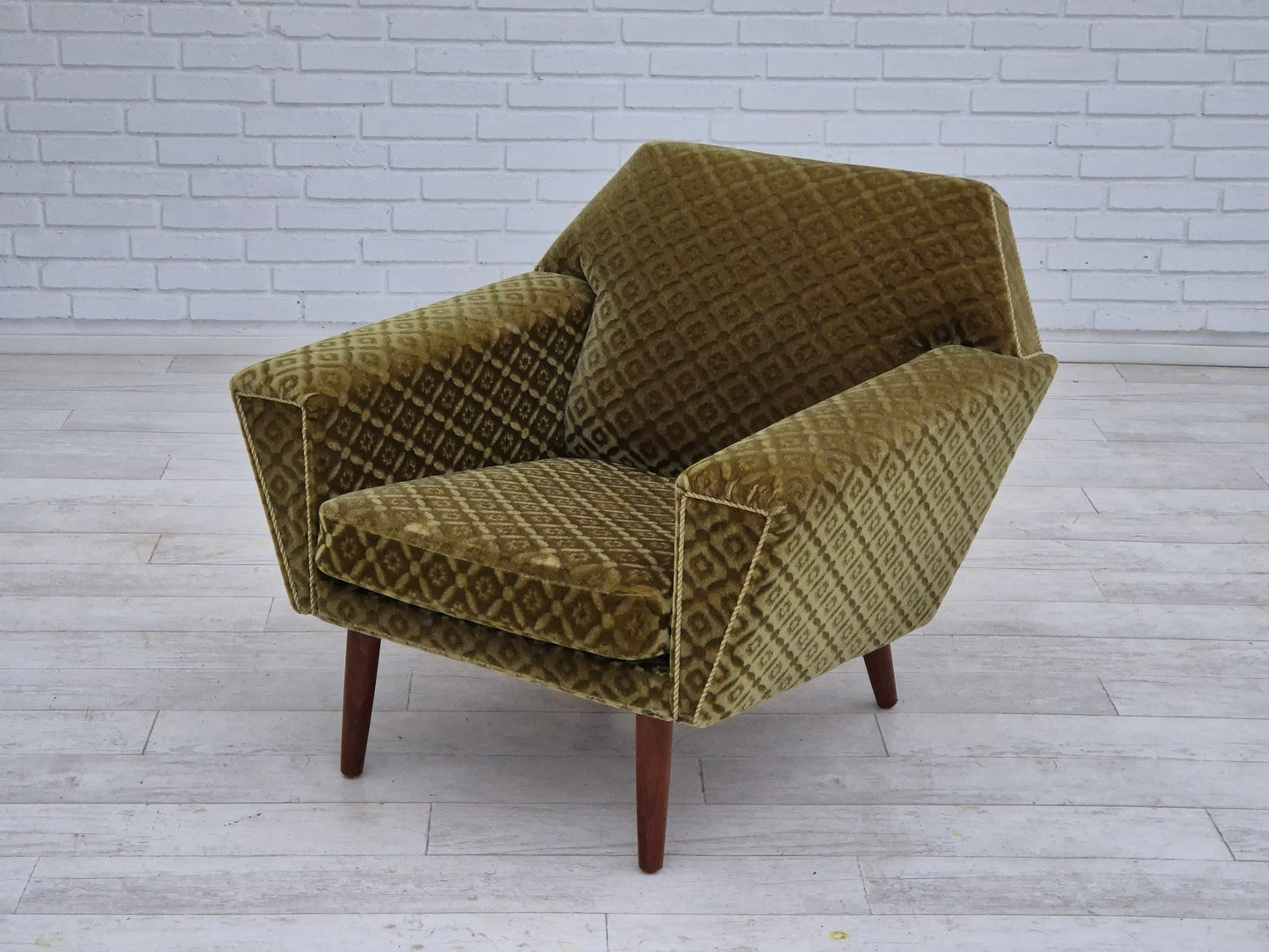 1970s, Danish armchair by Georg Thams, original upholstery, green velour, teak wood.