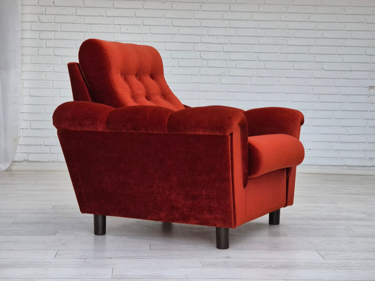 1980s, Danish relax armchair in original very good condition, brown/red furniture velour.