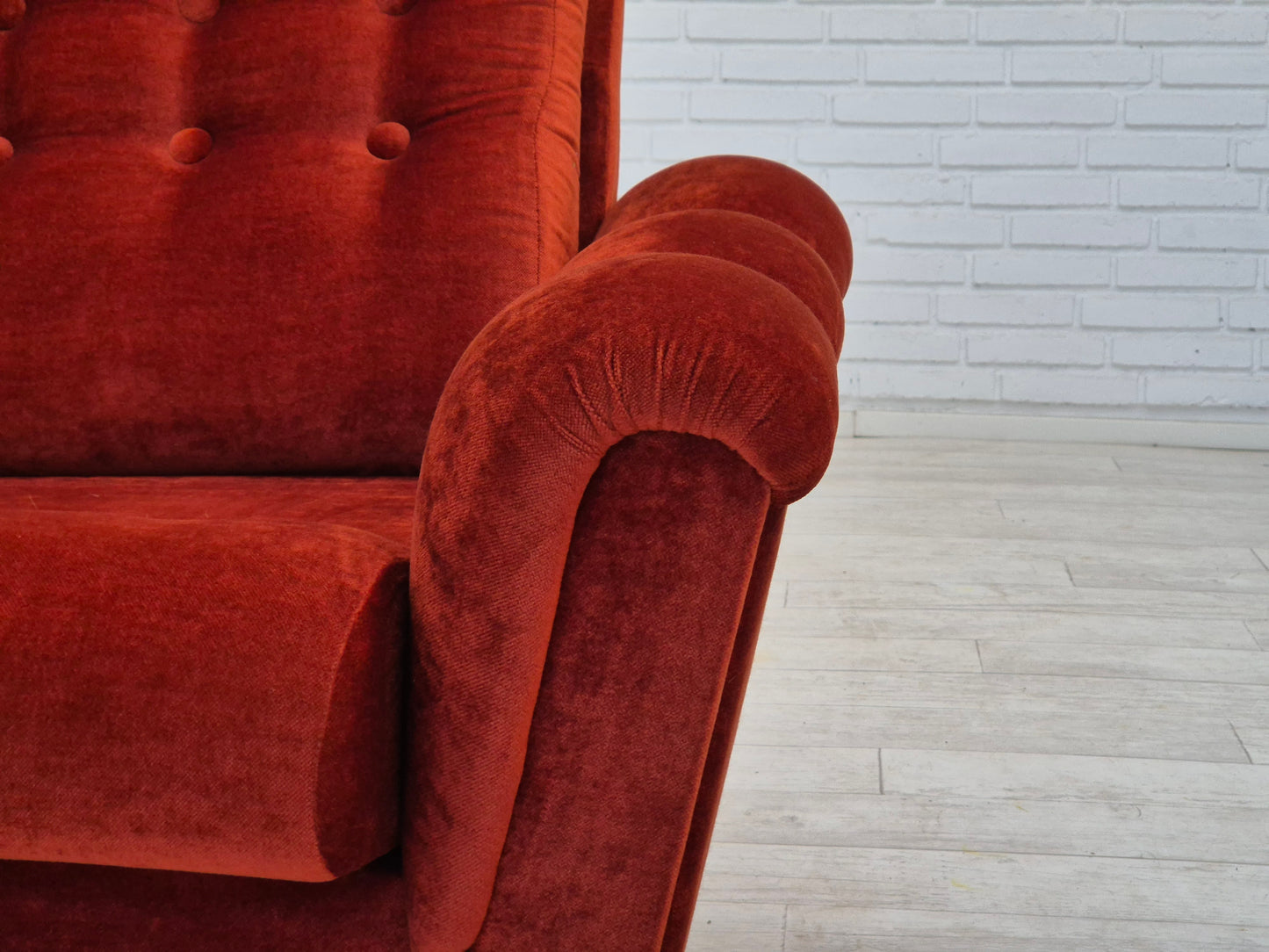 1980s, Danish relax armchair in original very good condition, brown/red furniture velour.