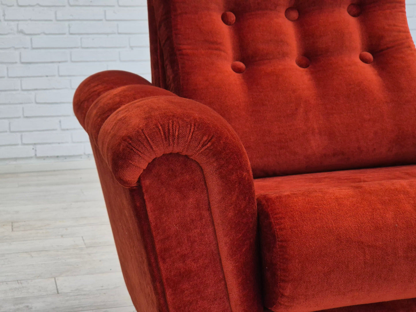 1980s, Danish relax armchair in original very good condition, brown/red furniture velour.