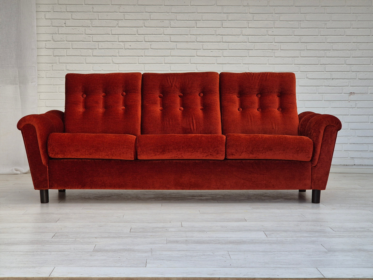 1980s, Danish 3 seater sofa, original very good condition, brown/red furniture velour.