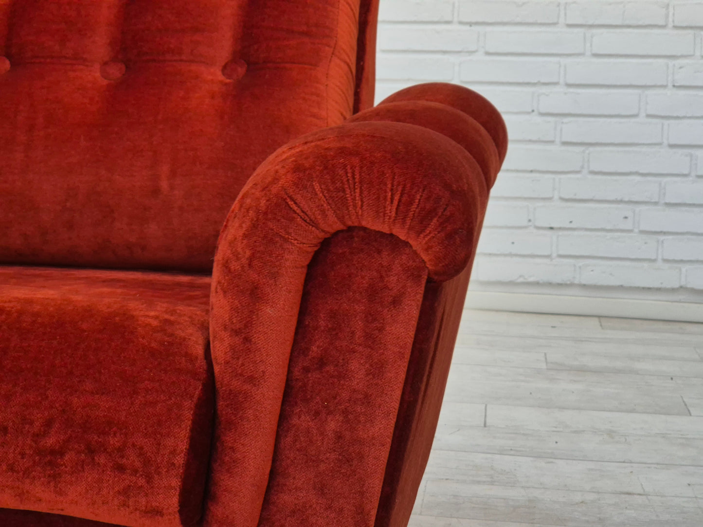 1980s, Danish 3 seater sofa, original very good condition, brown/red furniture velour.