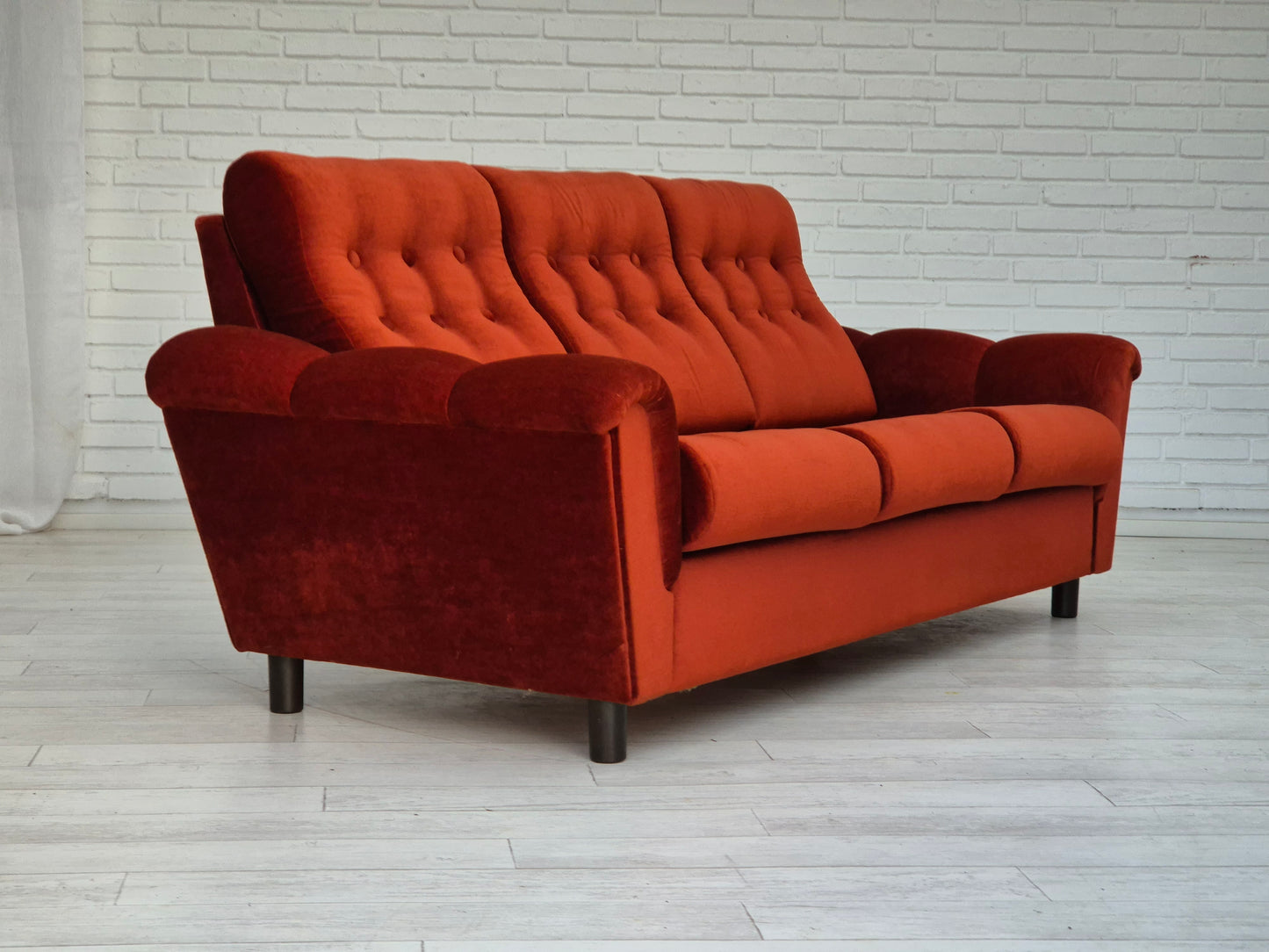 1980s, Danish 3 seater sofa, original very good condition, brown/red furniture velour.