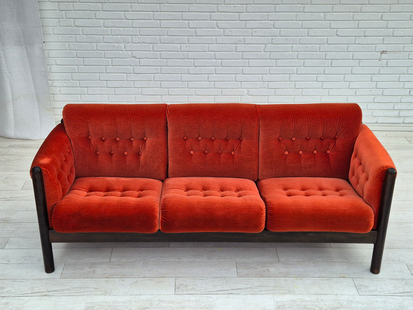 1980s, Scandinavian 3 seater sofa, original very good condition, velour, oak wood.