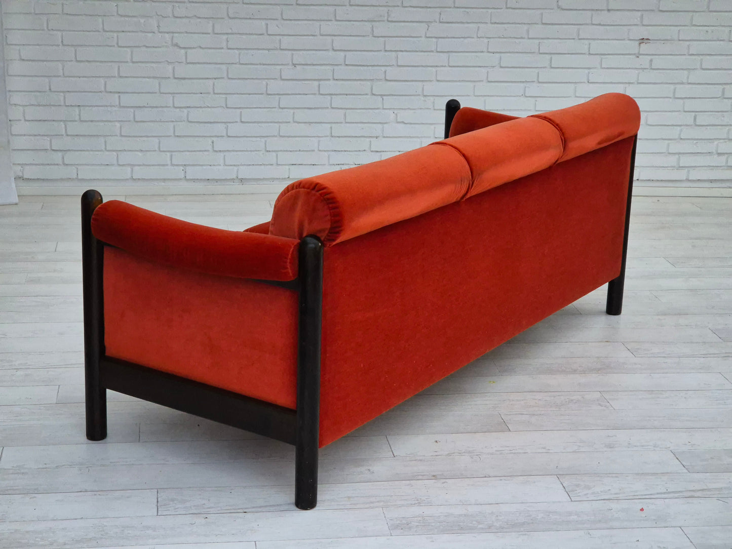 1980s, Scandinavian 3 seater sofa, original very good condition, velour, oak wood.