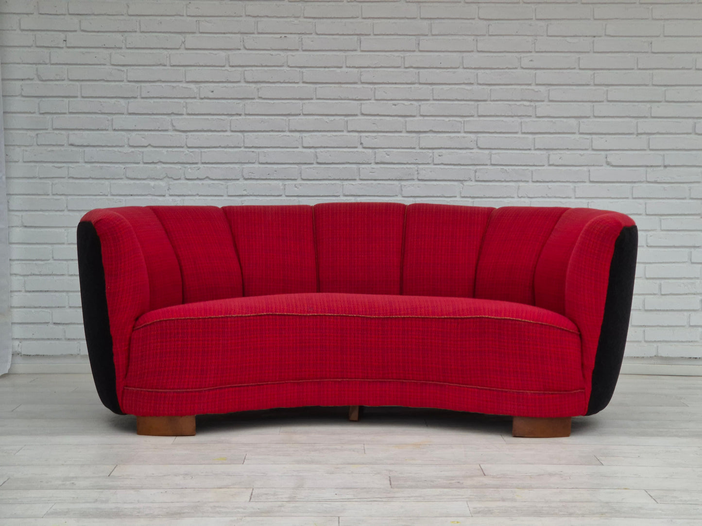 1960s, Danish 2 seater "Banana" sofa, furniture wool, beech wood.