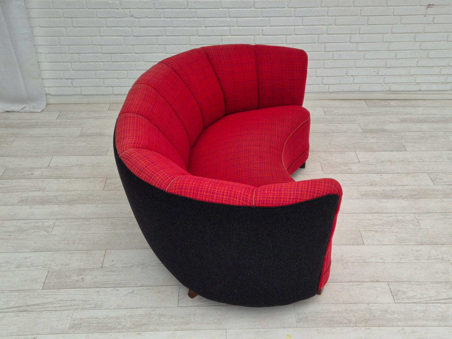 1960s, Danish 2 seater "Banana" sofa, furniture wool, beech wood.