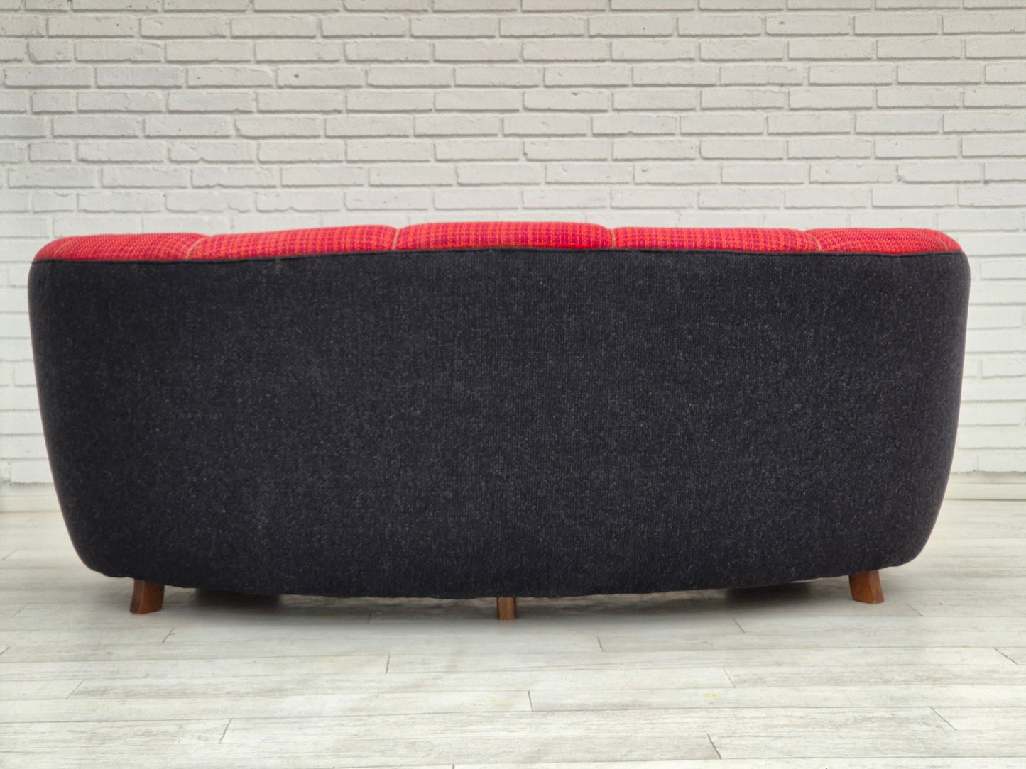 1960s, Danish 2 seater "Banana" sofa, furniture wool, beech wood.