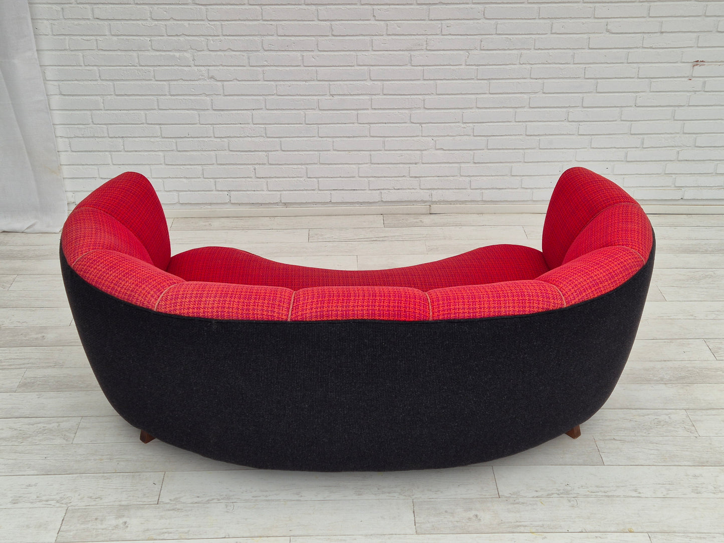 1960s, Danish 2 seater "Banana" sofa, furniture wool, beech wood.