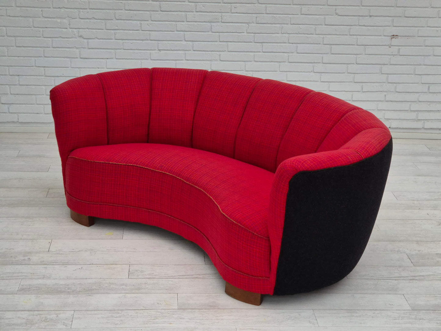 1960s, Danish 2 seater "Banana" sofa, furniture wool, beech wood.