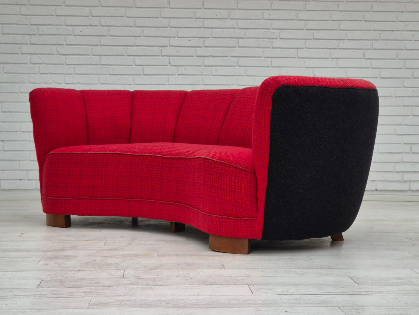 1960s, Danish 2 seater "Banana" sofa, furniture wool, beech wood.