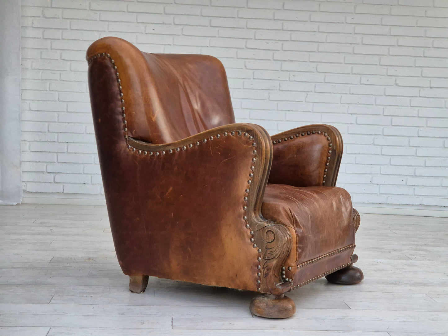 1950-60s, Danish relax chair, original condition, leather, oak wood.