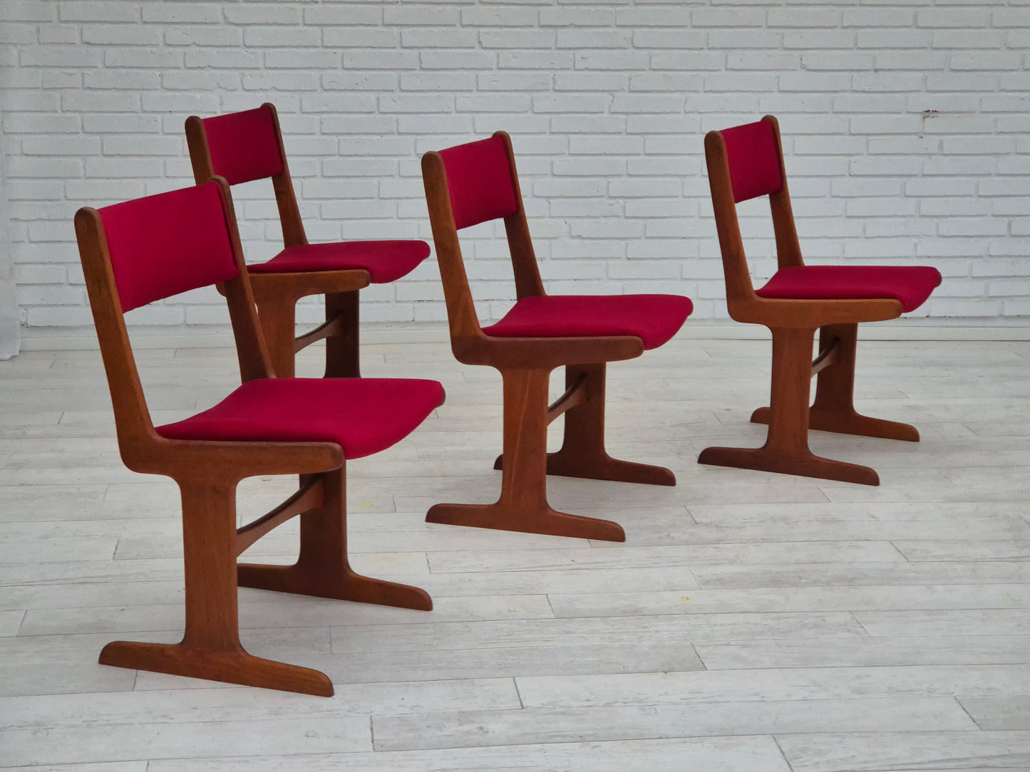 1970s, set of 4 reupholstered Danish chairs, teak wood, cherry-red furniture velour.