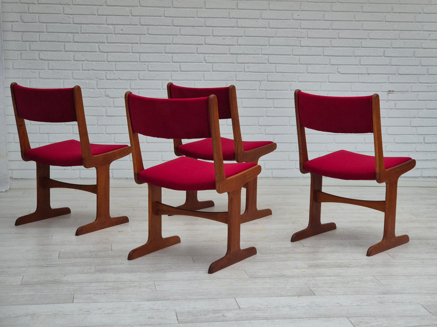 1970s, set of 4 reupholstered Danish chairs, teak wood, cherry-red furniture velour.