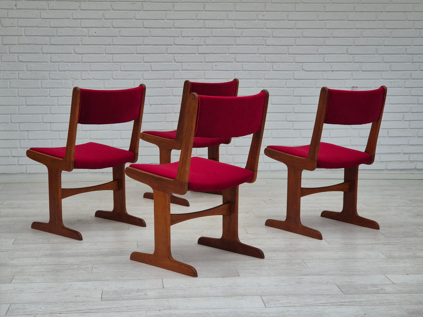 1970s, set of 4 reupholstered Danish chairs, teak wood, cherry-red furniture velour.