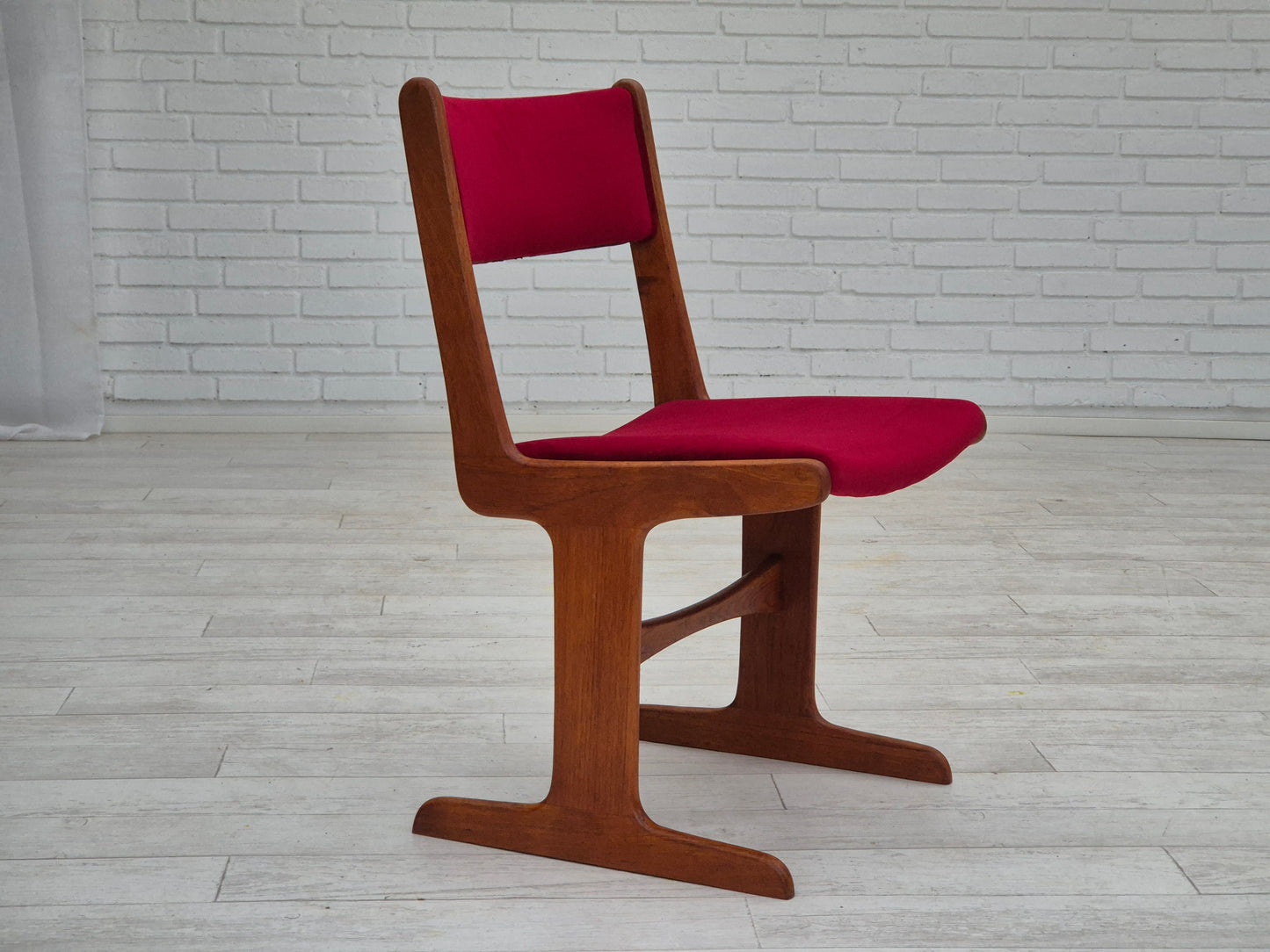 1970s, set of 4 reupholstered Danish chairs, teak wood, cherry-red furniture velour.