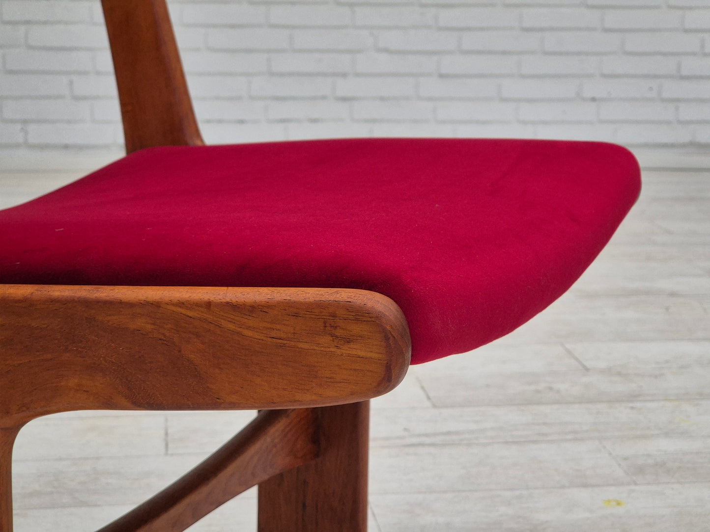 1970s, set of 4 reupholstered Danish chairs, teak wood, cherry-red furniture velour.