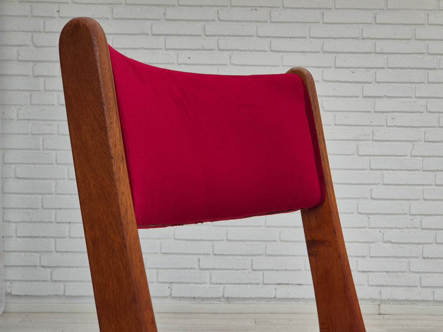 1970s, set of 4 reupholstered Danish chairs, teak wood, cherry-red furniture velour.