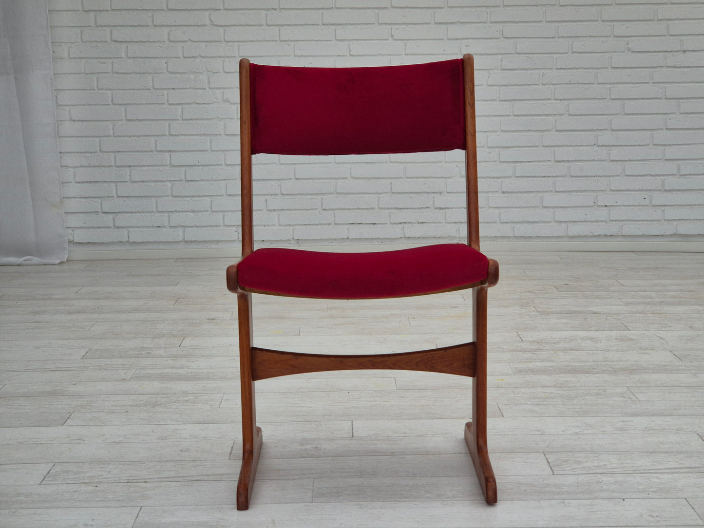 1970s, set of 4 reupholstered Danish chairs, teak wood, cherry-red furniture velour.