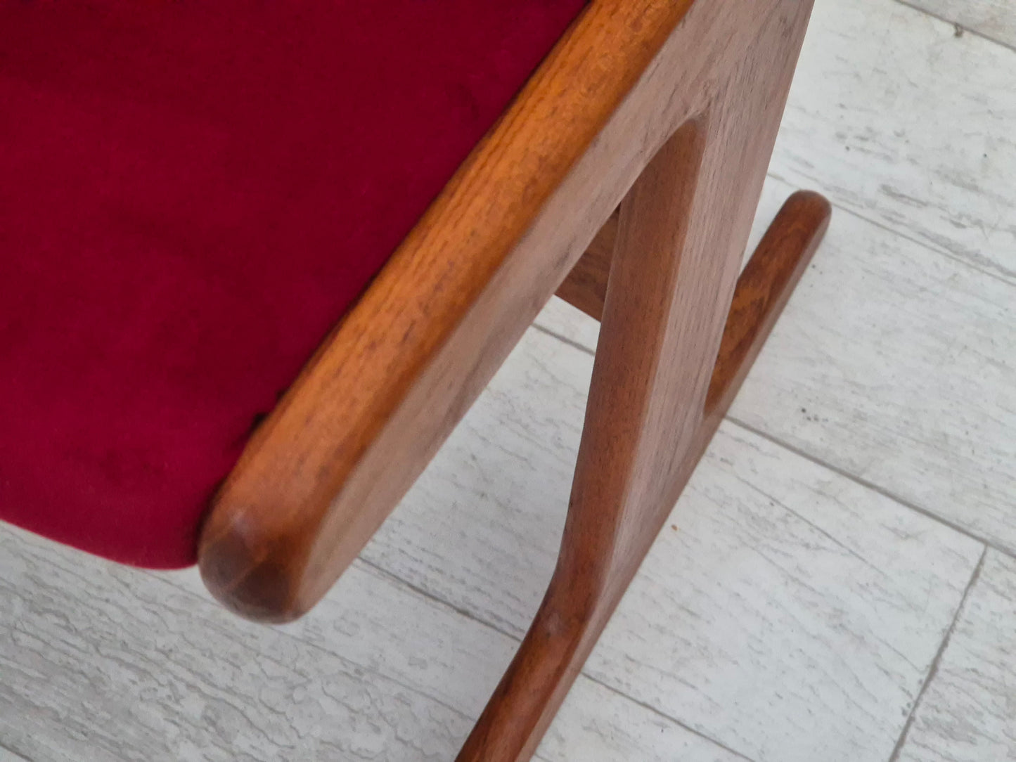 1970s, set of 4 reupholstered Danish chairs, teak wood, cherry-red furniture velour.