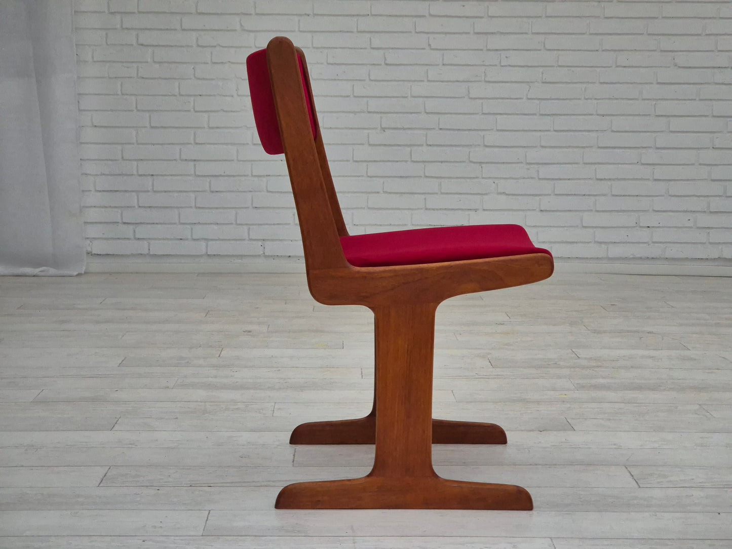 1970s, set of 4 reupholstered Danish chairs, teak wood, cherry-red furniture velour.