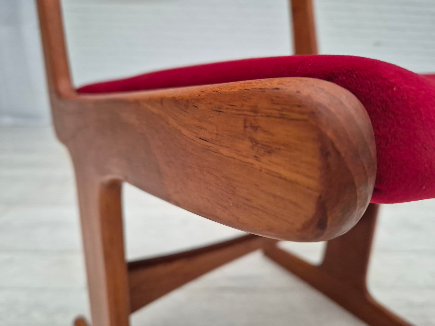 1970s, set of 4 reupholstered Danish chairs, teak wood, cherry-red furniture velour.