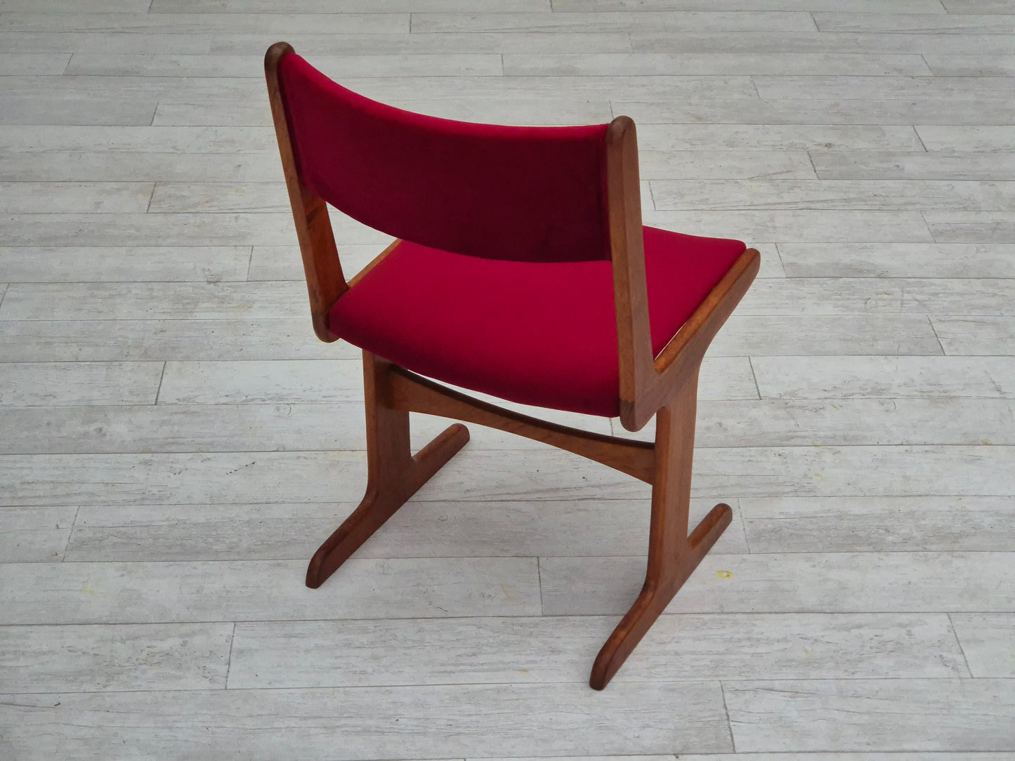 1970s, set of 4 reupholstered Danish chairs, teak wood, cherry-red furniture velour.