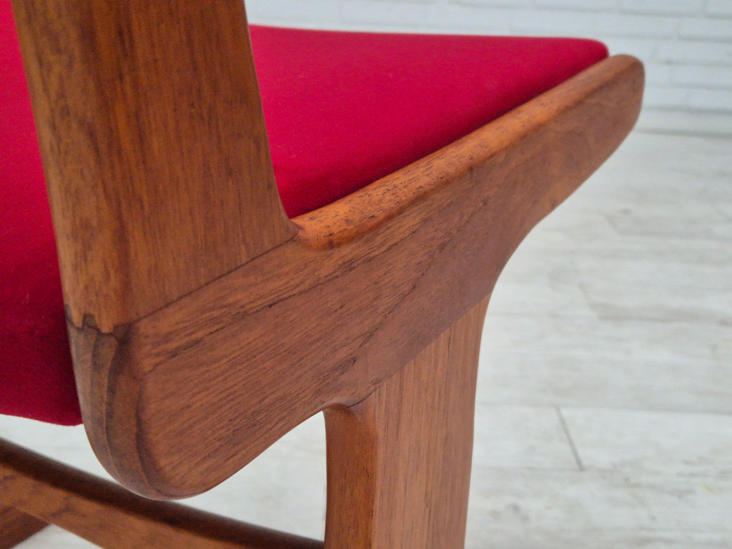 1970s, set of 4 reupholstered Danish chairs, teak wood, cherry-red furniture velour.