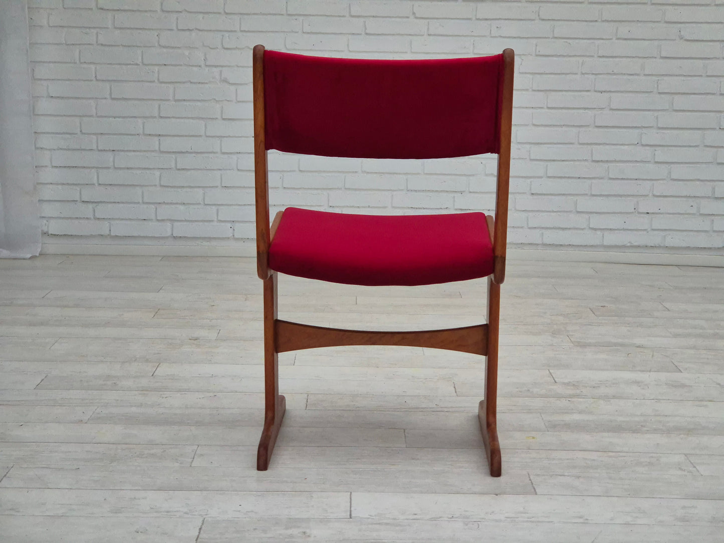 1970s, set of 4 reupholstered Danish chairs, teak wood, cherry-red furniture velour.