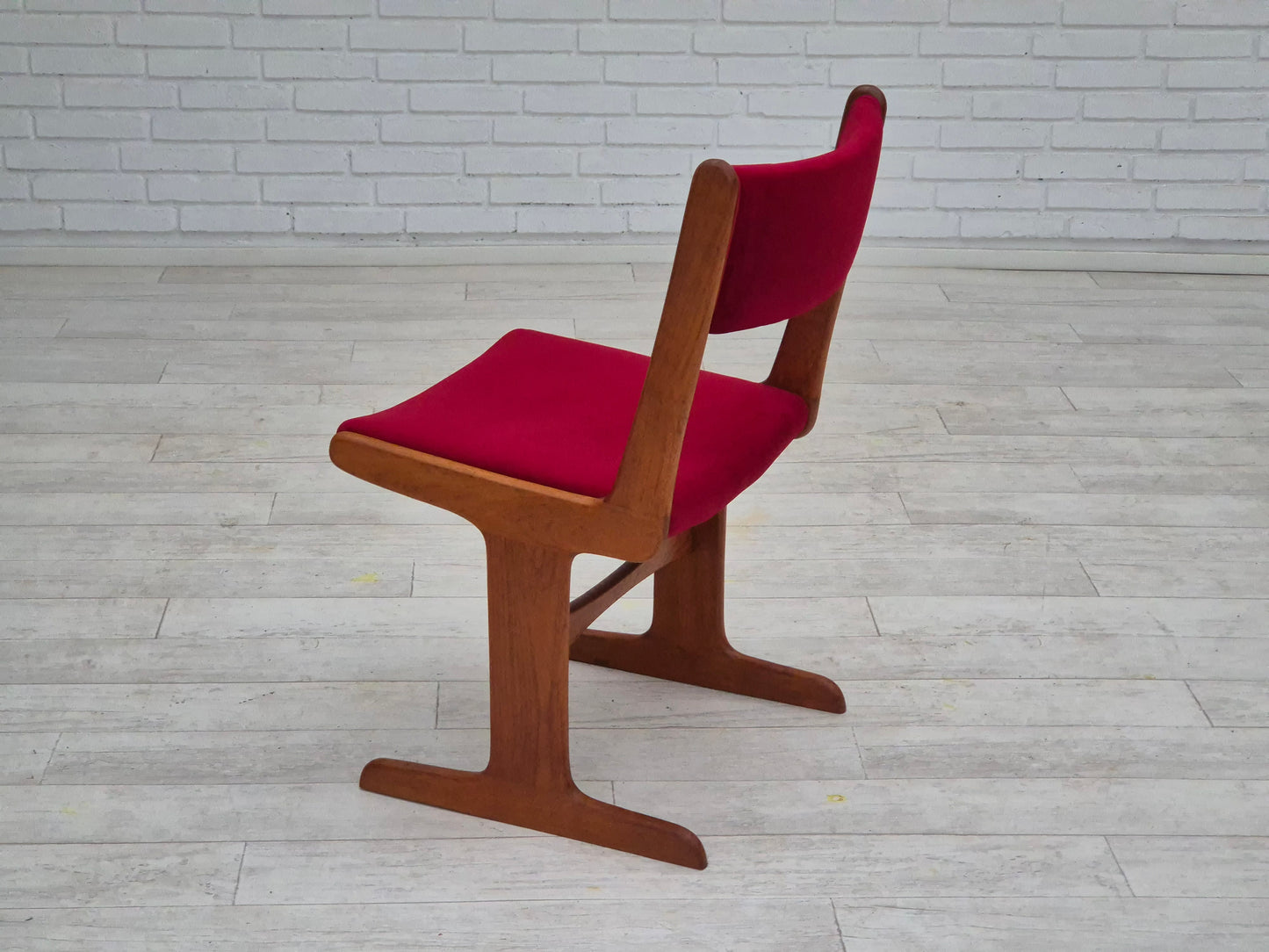 1970s, set of 4 reupholstered Danish chairs, teak wood, cherry-red furniture velour.