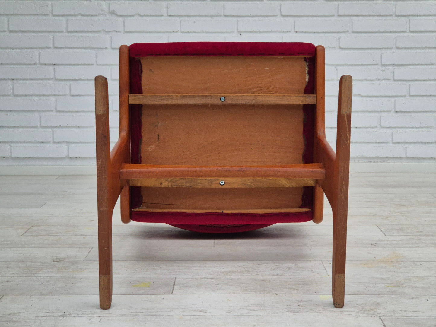 1970s, set of 4 reupholstered Danish chairs, teak wood, cherry-red furniture velour.