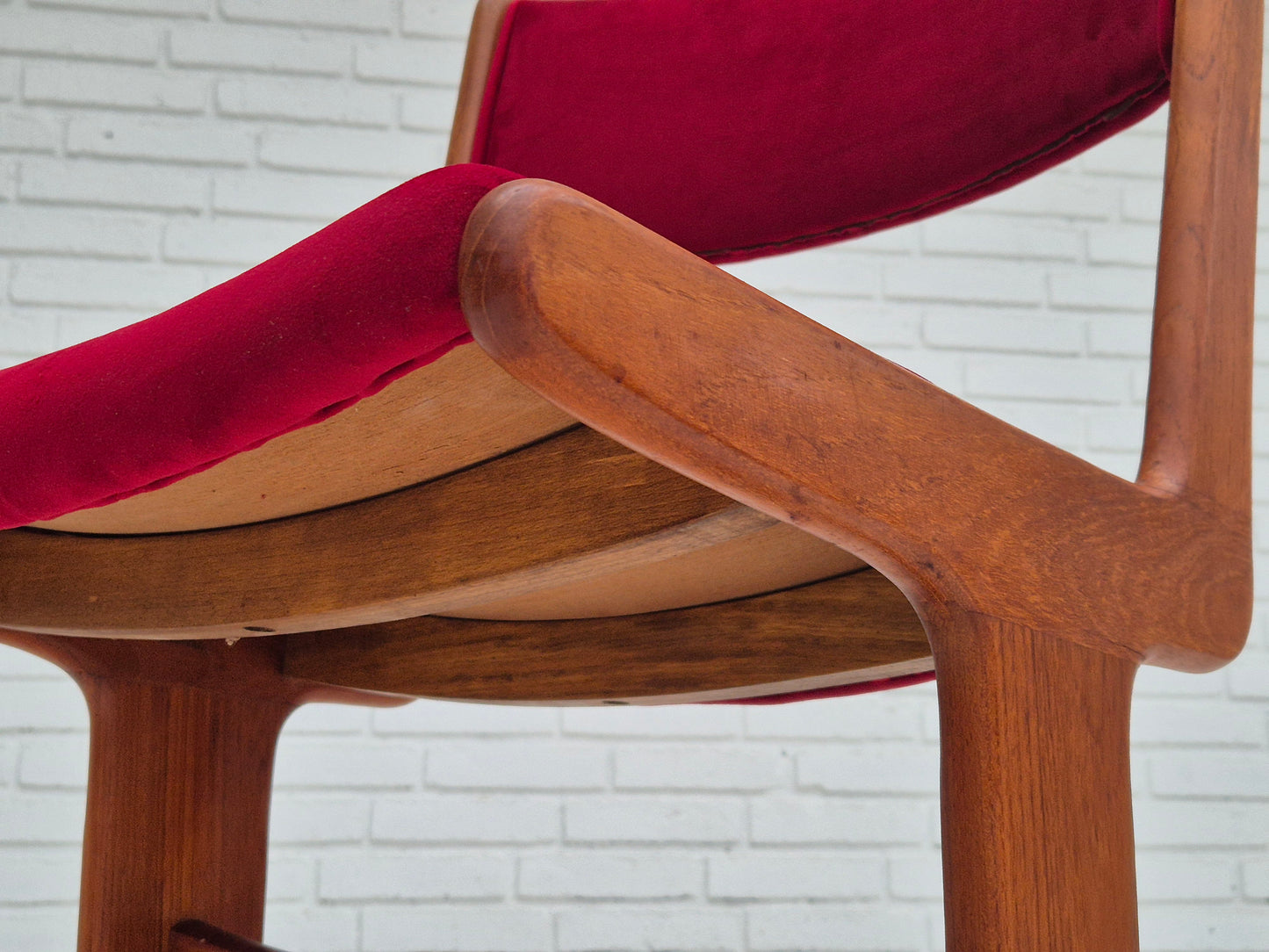 1970s, set of 4 reupholstered Danish chairs, teak wood, cherry-red furniture velour.