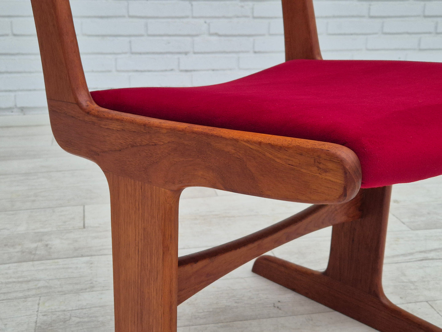 1970s, set of 4 reupholstered Danish chairs, teak wood, cherry-red furniture velour.